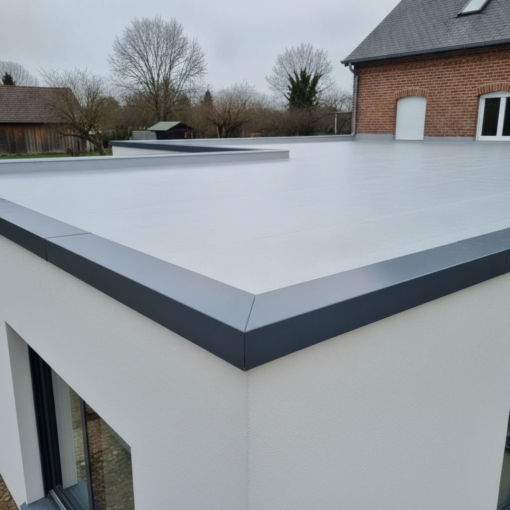 Toit-terrasse d'une extension contemporaine avec membrane d'étanchéité neuve à Béthune