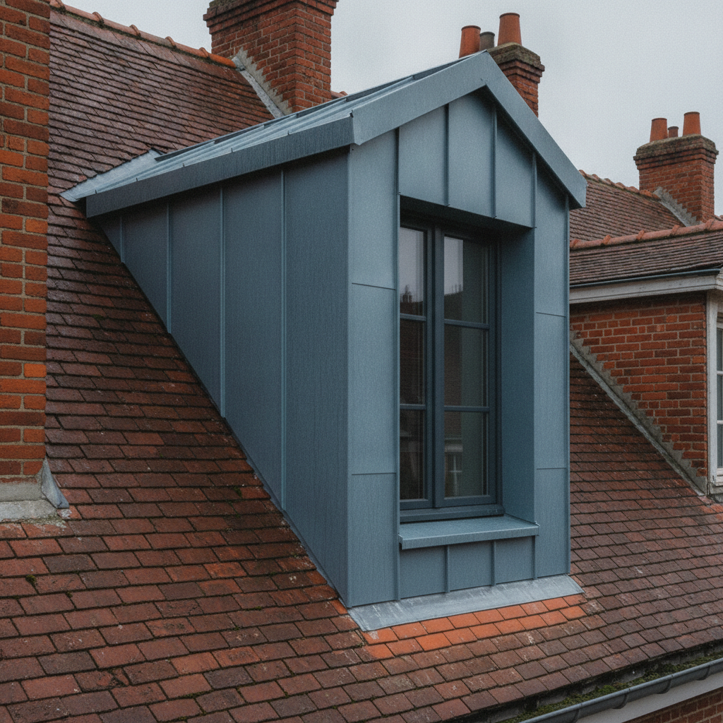 Lucarne reconstruite et habillée de zinc sur une maison du quartier Wazemmes à Lille