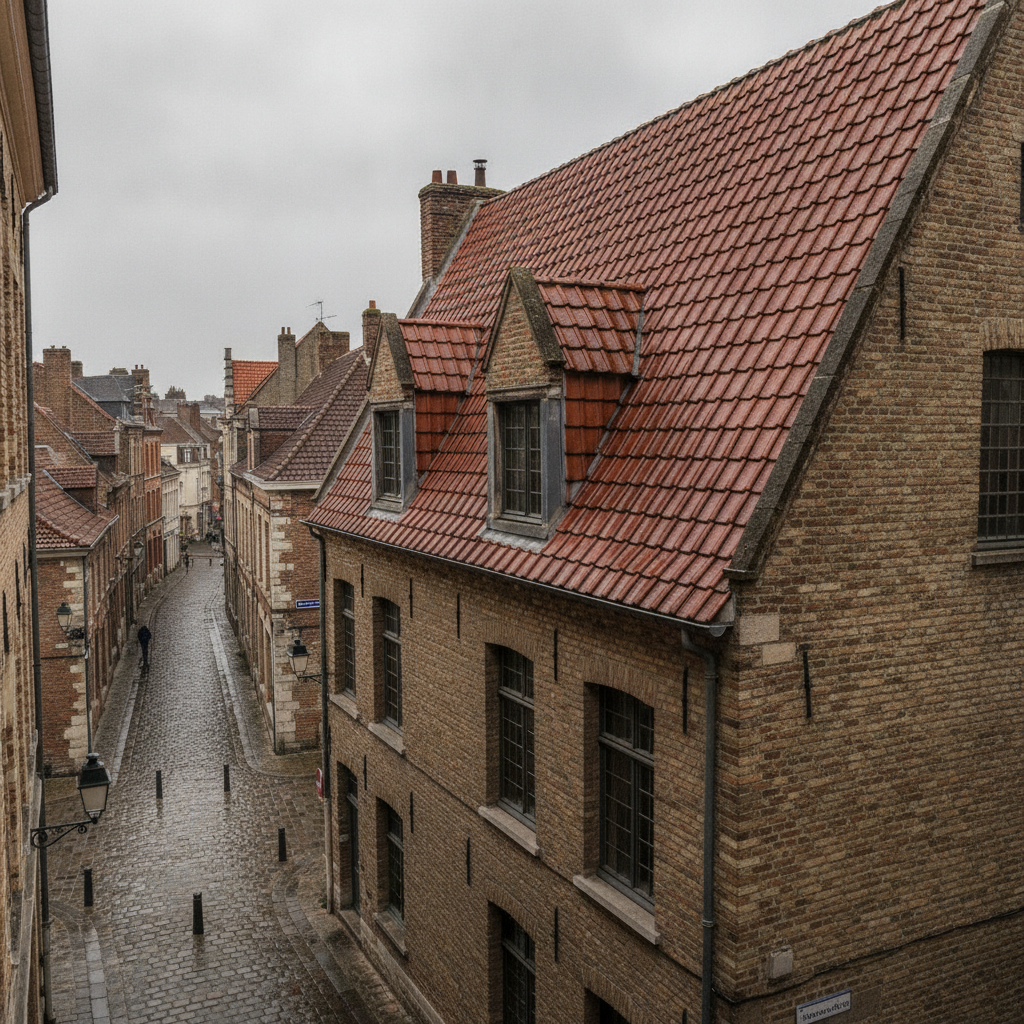 Couverture neuve en tuile flamande sur une maison de ville en brique du Vieux-Lille