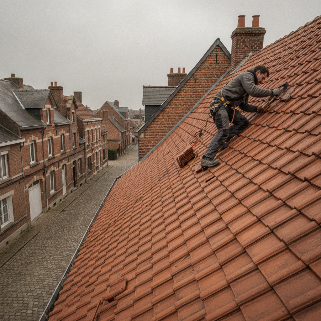 Vue rapprochée d'une toiture en tuile flamande rénovée par Vandamme Couverture à Lille