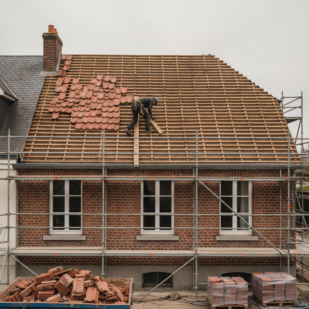 Couvreur en train de reposer des tuiles flamandes sur une toiture rénovée à Lille